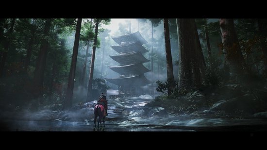 Een samurai te paard nadert een vijf verdiepingen tellende Japanse pagode, gelegen in een donker, mistig bos.