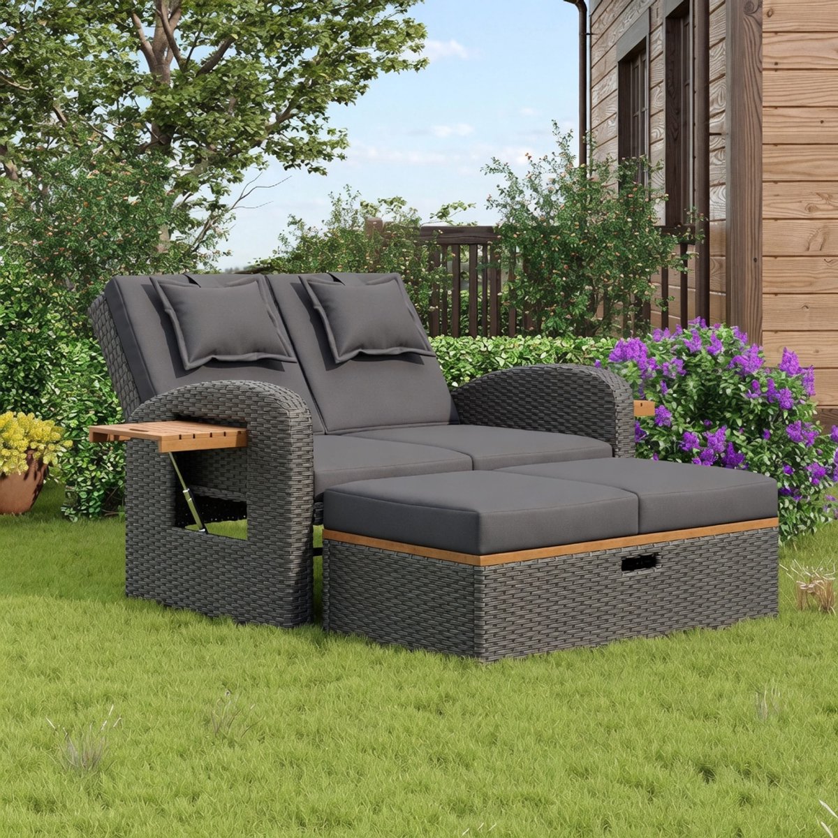 Luxe 2-Persoons Zonne-eiland Tuinligbed – Weerbestendig Rotan Outdoor Dagbed met Verstelbare Rugleuning (3 Standen), Inclusief Dikke Kussens & Opbergruimte – Tuin, Terras & Balkon Lounge SetIndustrohome