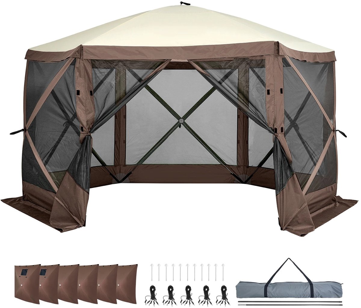 Solvix Partytent – Tent – Partytenten – Pop Up Tent met Zijwanden – 6-Zijdig Paviljoen – Waterdicht en UV-Bestendig – Met Mesh Ramen en Draagtas – 12x12FT Bruin