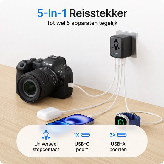 Voomy Reisstekker 170+ landen - Universele Wereldstekker - 1 USB-C & 3 USB-A - Reisadapter Wereld Engeland (UK), Amerika (USA), Australië, Zuid Amerika, Afrika, Italië, Thailand - zwart