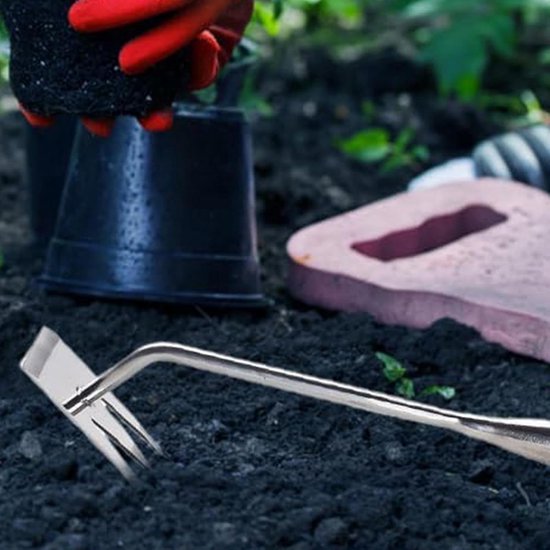 Handmatige Tuinwieder - Onkruidsteker Grastrekker - Tuinonderhoud Bodem losmaken - Verdikt Mangaanstaal - 4 x 8 x 4 cm - Grijs — afbeelding 3
