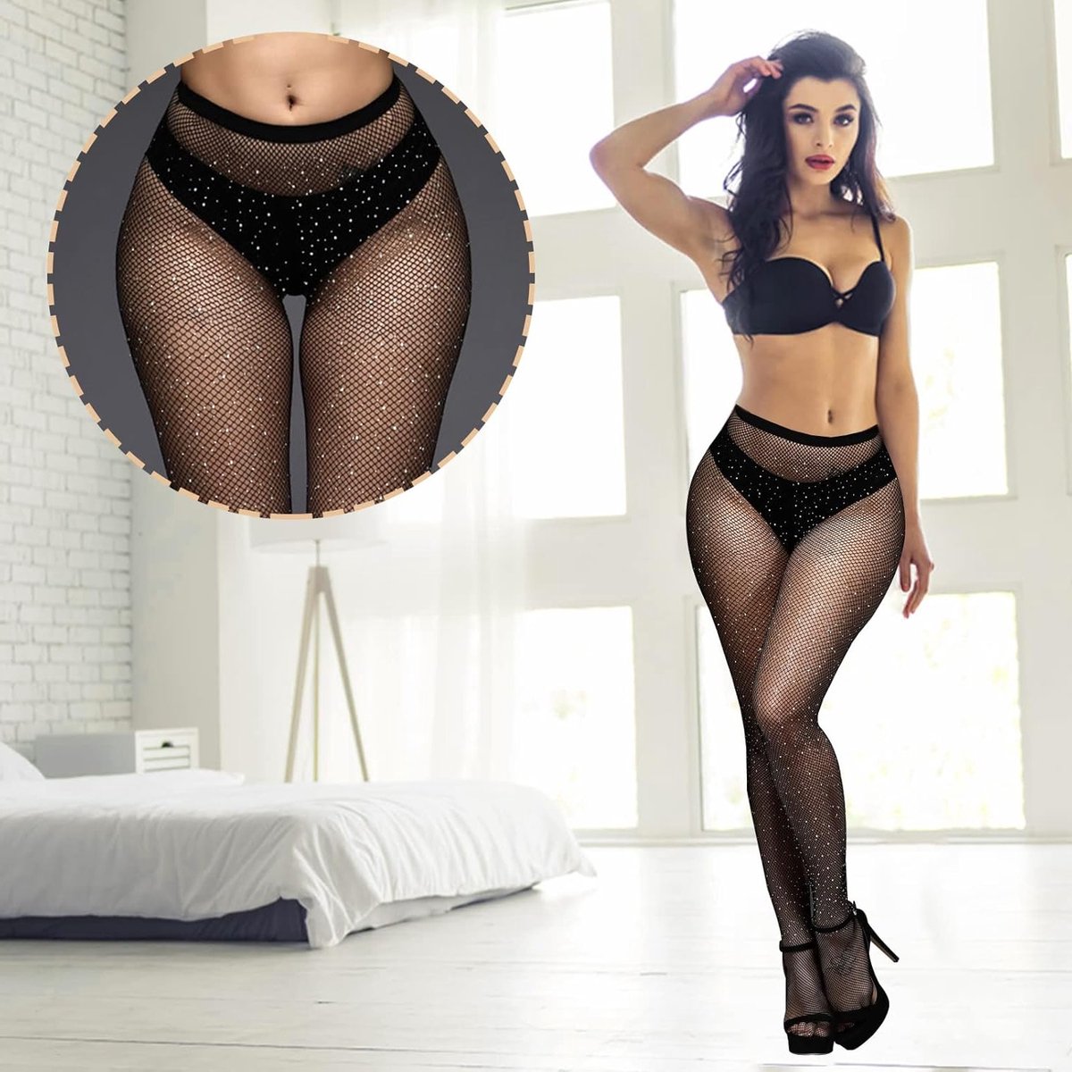 Glinsterende Hoge Taille Visnet Panty met Strass Steentjes voor Feestjes - Zwarte Maat Een, Sexy, Mode, Comfort
