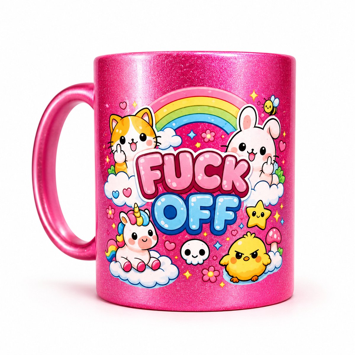 Grappige mok 'Fuck Off' regenboog - glitter roze - 18+ - schattig en schunnig - kawaii - eenhoorn - cadeau voor volwassenen - 325ml