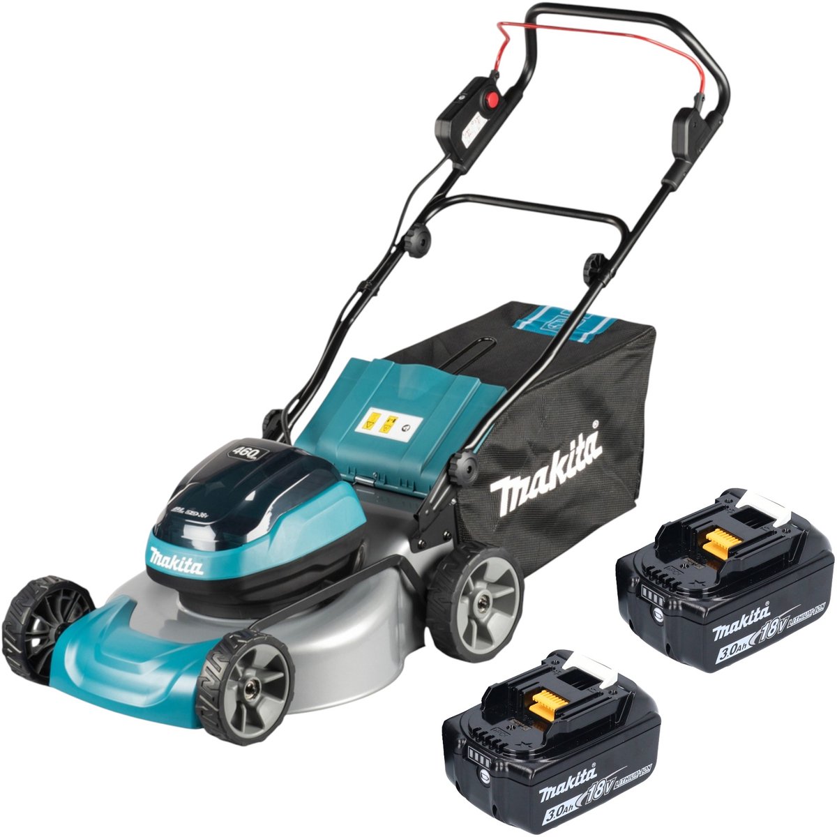 Makita DLM 466 F2 accu-grasmaaier 36 V (2x 18 V) 46 cm borstelloos + 2x accu 3,0 Ah – zonder oplader
