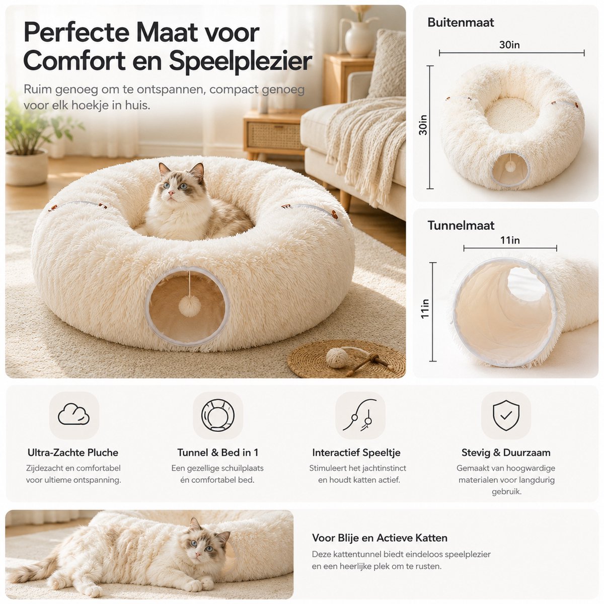 BOTC Kattentunnel met Kattenmand - Speeltunnel Voor Dieren - Tunnel Kat - Kattenhuis - Speeltunnel kat - Beige thumbnail 4