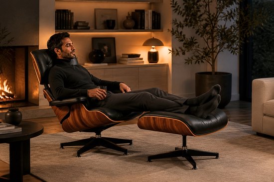 Man ontspant in een zwarte leren stoel met houten accenten, met poef.