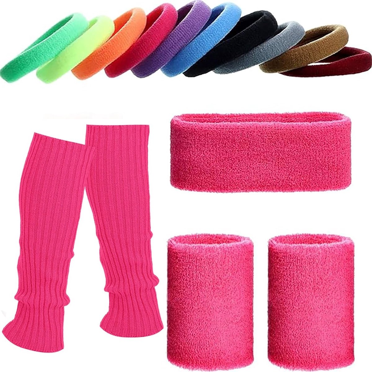 80s Kostuumset voor Dames met Gebreide Beenwarmers, Kleurige Haarbanden en Armbanden voor Themafeesten en Retro Stijl