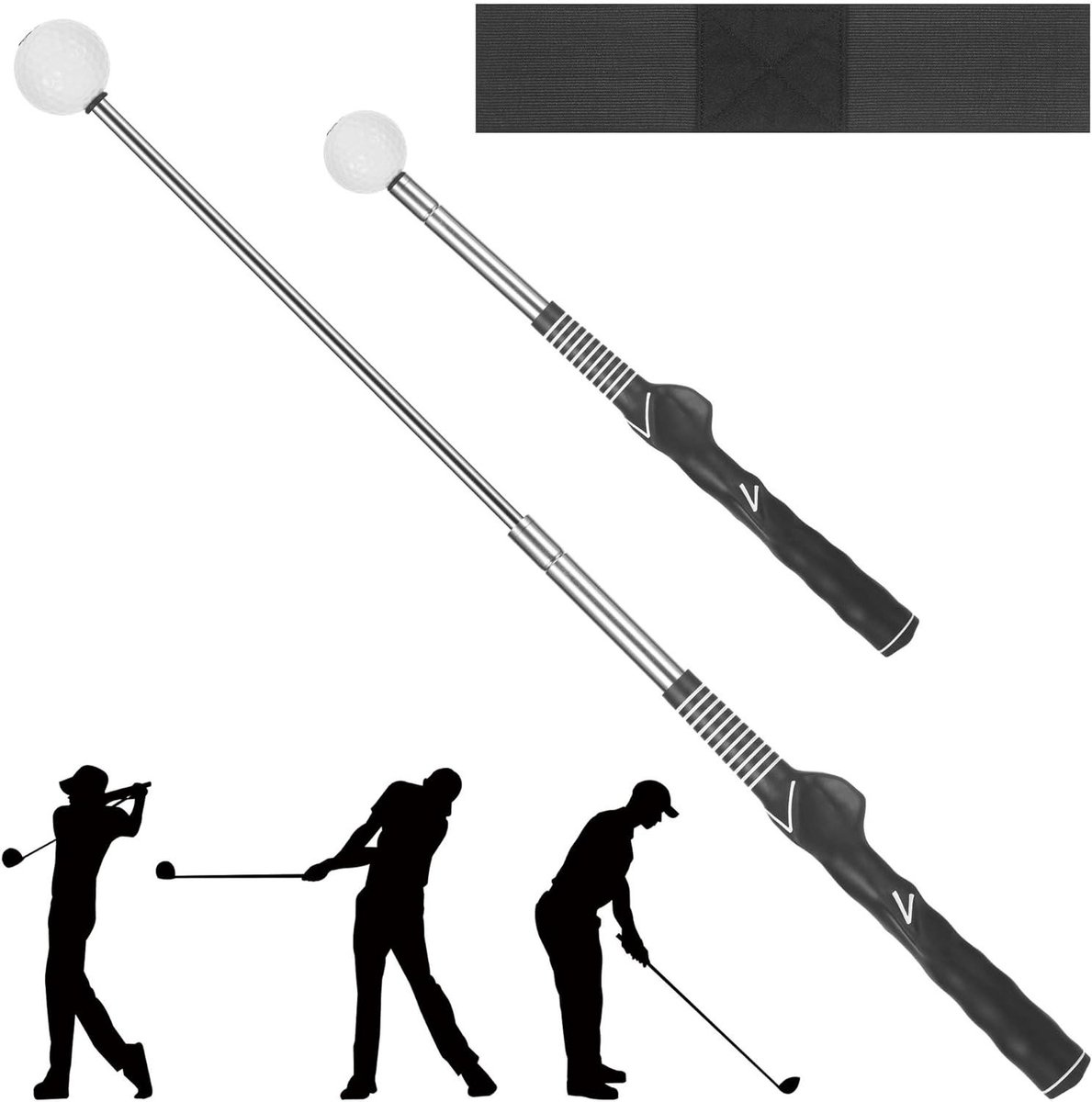 Golf Swing Trainer - Armbanden Set - Golfslag Verbeteren - Intrekbaar Met Klik - 40 cm - Zwart