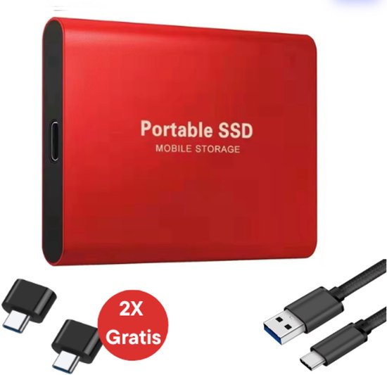 Portable SSD – Externe SSD - 1TB opslag – Rode SSD – inclusief USB C kabel – USB 3.1 – draagbare SSD – SSD harde schijf – externe harde schijf 1TB – SSD voor laptop – geschikt voor Windows, Mac en Android