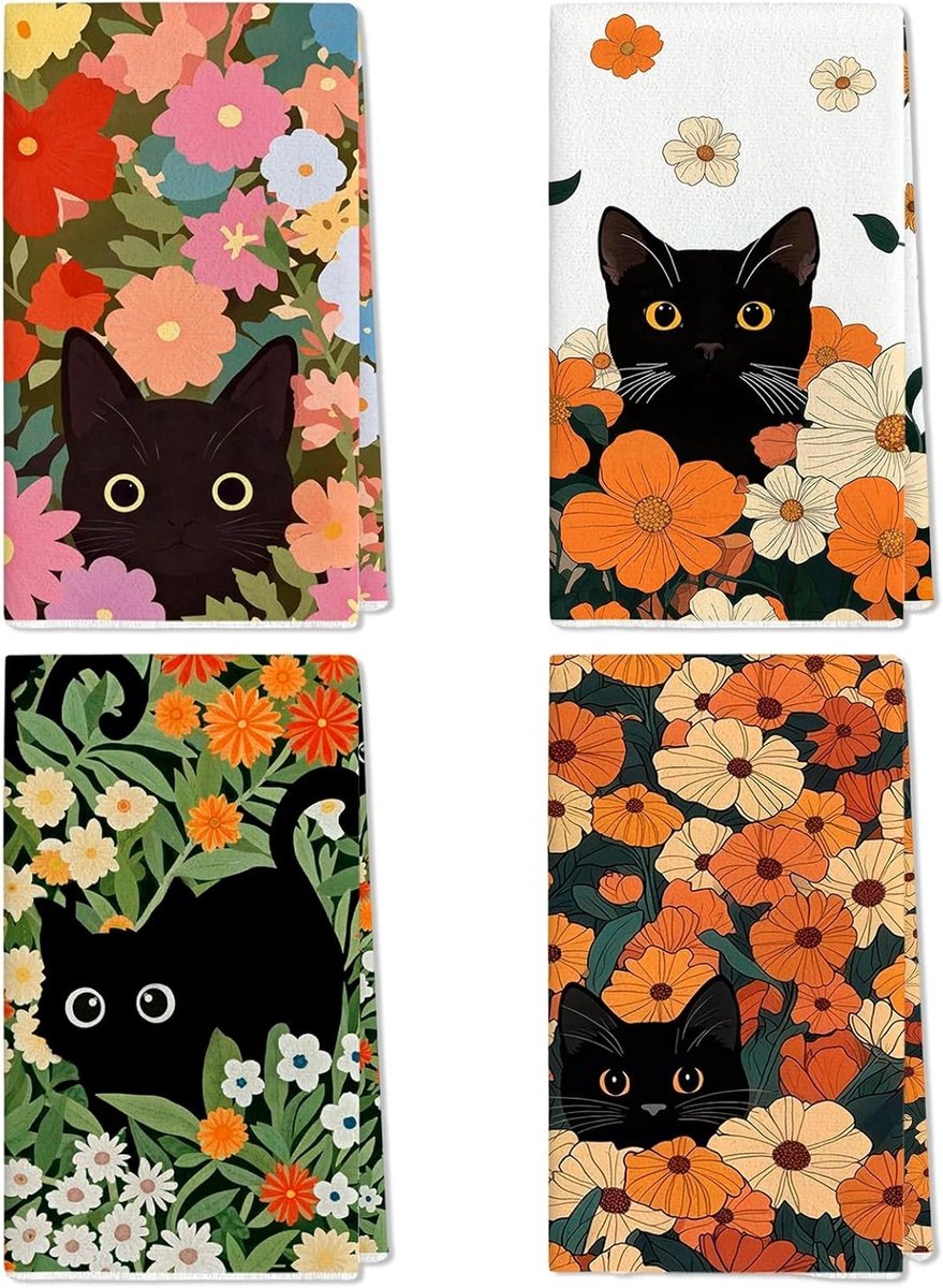 Theedoek met Kat - Keukendoek Katoen - Keuken Decoratie - Uniek Bloem Design - 10x10 Millimeter - Zwart Wit