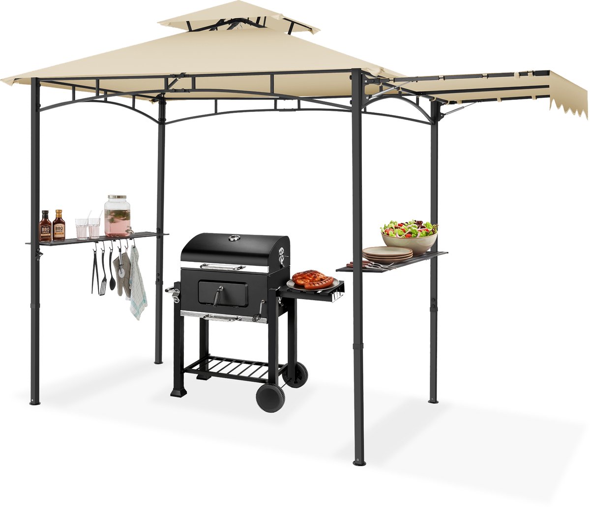 tectake® Barbecue Paviljoen met Luifel - BBQ Overkapping - 316 x 150 x 250 cm - Tuinpaviljoen - Windscherm - Weerbestendig - UV-Bescherming - Dubbel Daksysteem - Gazebo met Ophanghaken, Roosterplanken en Flesopener - Grillpaviljoen - Zandkleur
