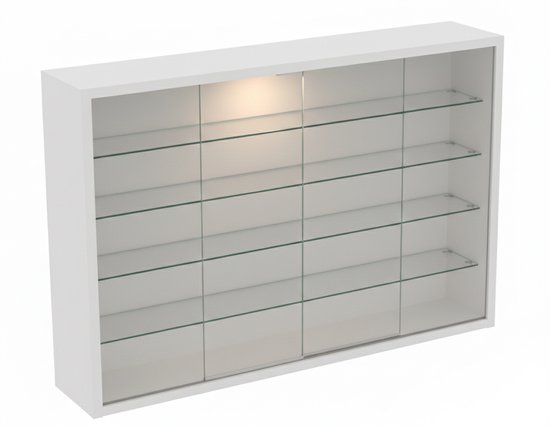 Witte vitrinekast met glazen schuifdeuren en verlichting bovenaan, met vijf glazen planken.
