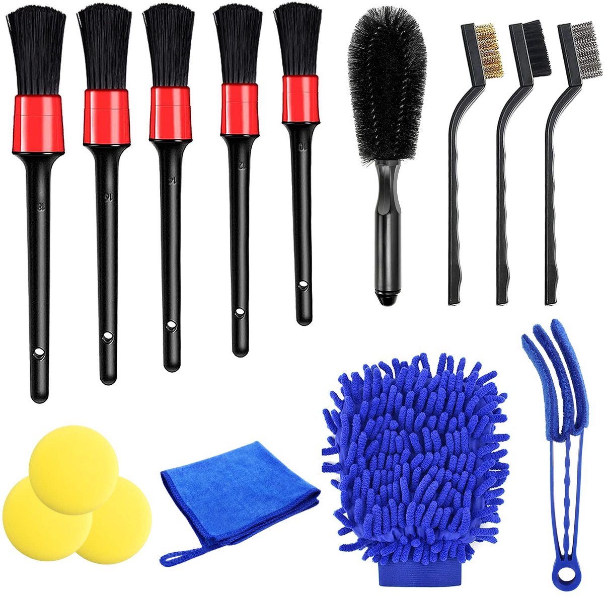 carmdering - 15-Delige Auto Reinigingsset - 15 Stuks Auto Detailing Kit - Auto Onderhoud Set - Veilige Lak En Velg Reiniging - 360 Graden Bereik Voor Moeilijke Plekken - Corrosiebestendig Metaal En Duurzame Kunststof - Zachte En Harde Borstelharen