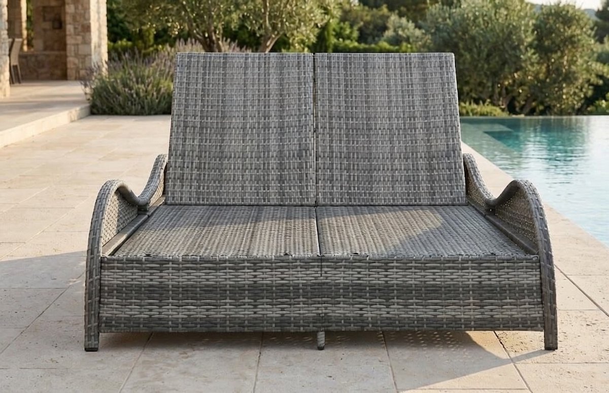 Dubbel Zonne-eiland Ligbed 2-Persoons – Verstelbare Polyrotan Ligstoel met Dik Kussen & Stalen Frame – Weerbestendig Tuinbed Antraciet voor Tuin, Terras & Balkon Industrohome Luxe