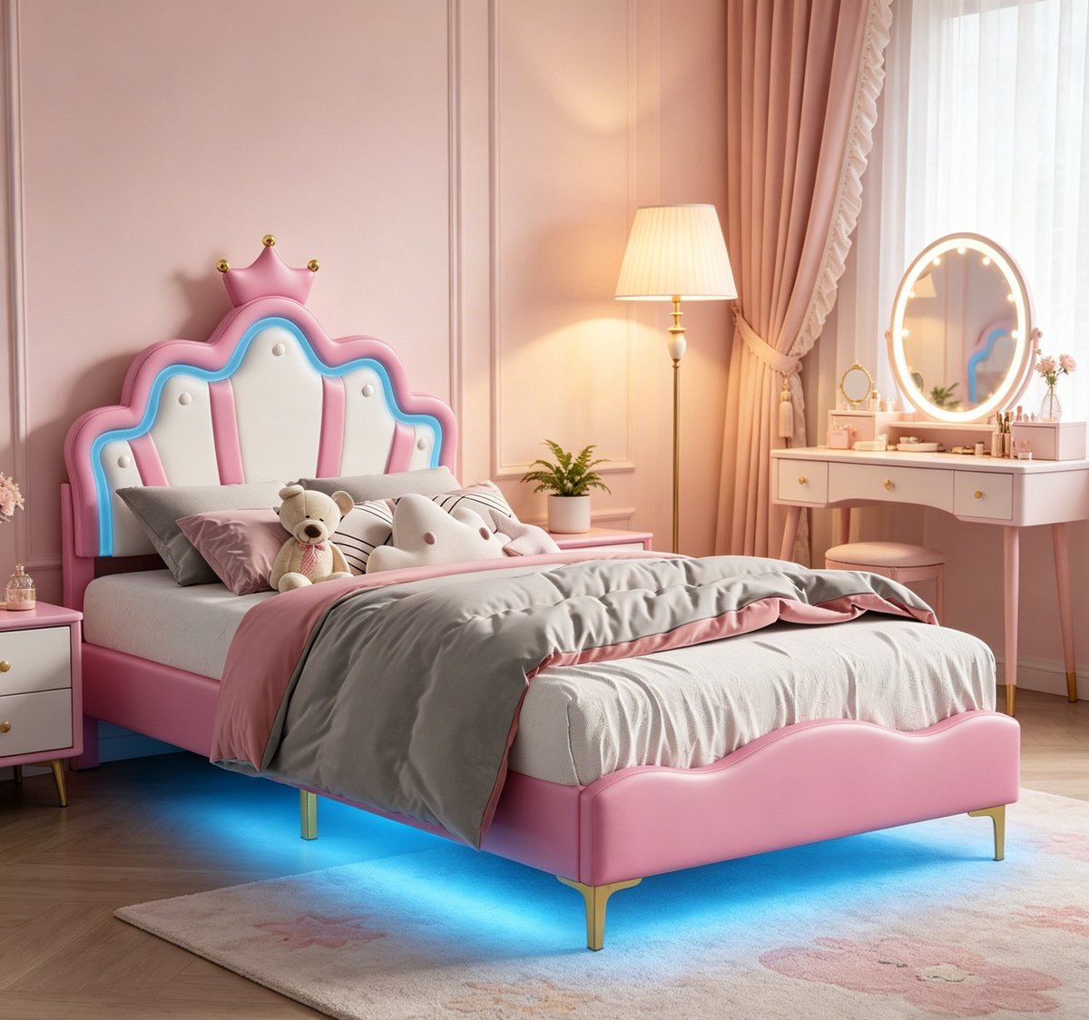 ROSAHQNDA Kinderbedframe met LED-verlichting 90x200cm, plat tweepersoonsbed, kroonvormig prinsessenbed, zachte PU-lederen bekleding, verstelbare LED-sfeerverlichting, roze, exclusief matras