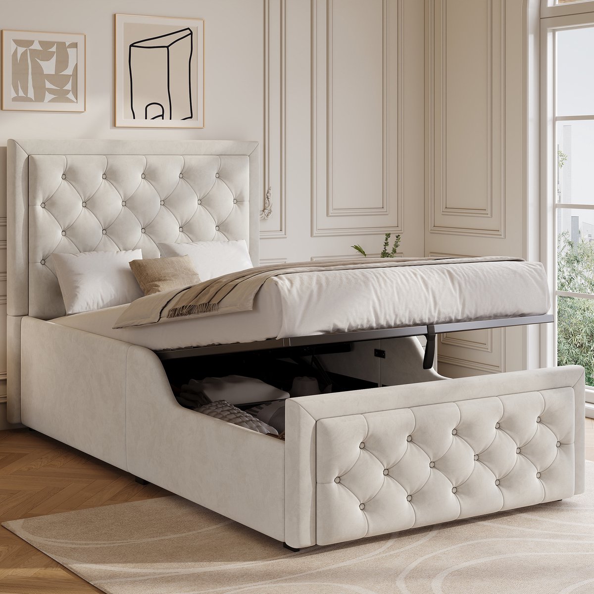 BLACKCOLORS Gestoffeerd bed, eenpersoonsbed, kinderbed 90 x 200 cm, hydraulisch functioneel bed, bed met lattenbodem, hoofdeinde en grote opbergruimte, gestoffeerd hoofdeinde, fluweel, beige