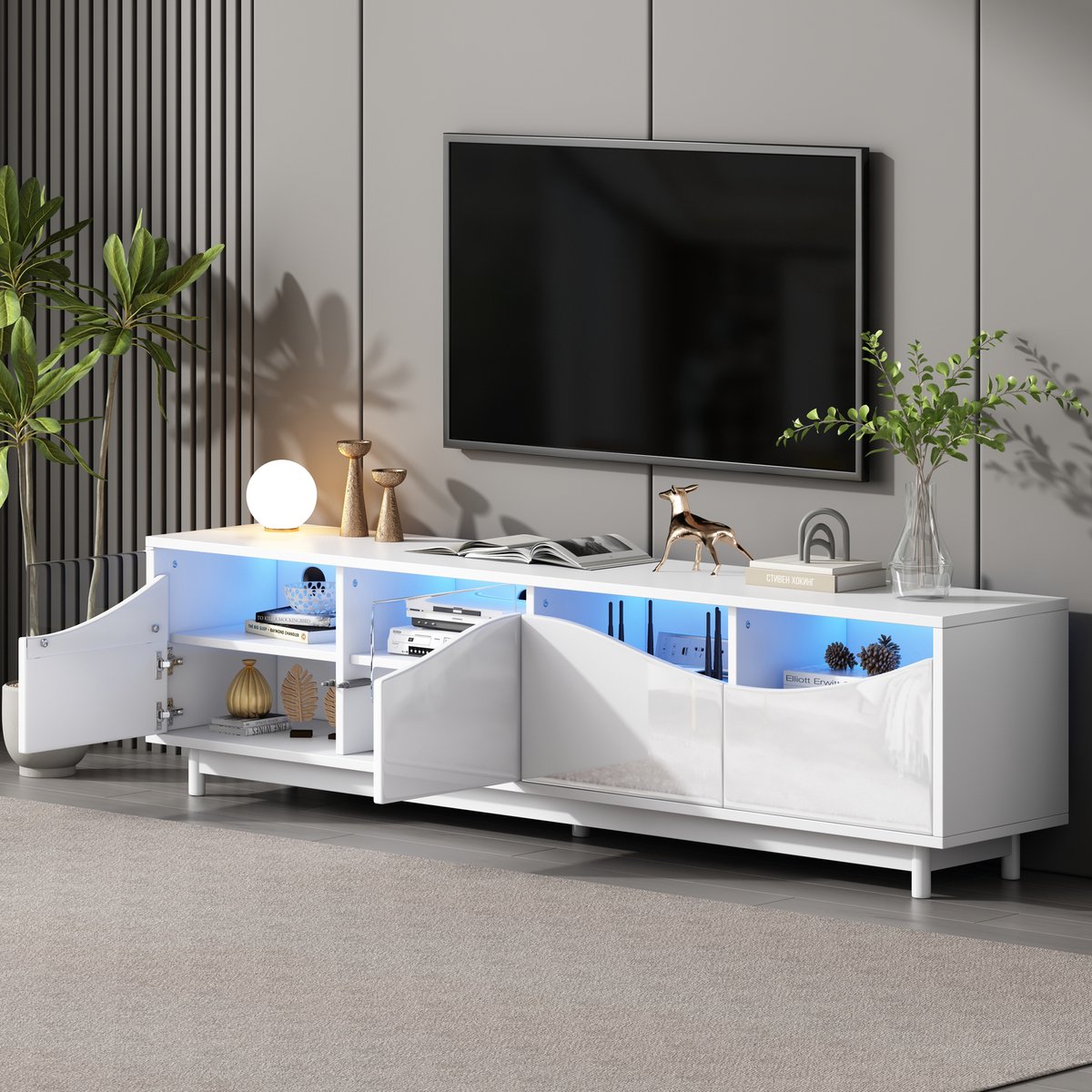 MODENUIT Tv-Meubel - Hoogglans Kast Met LED Glasdeur En Opbergruimte - Voor Woonkamer - Wit MDF - 175x38x51 Cm