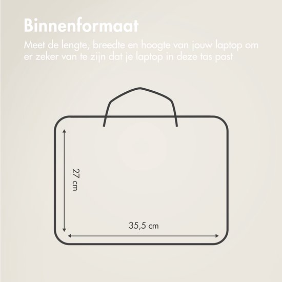 Schematische weergave van de laptoptas met afmetingen van 35,5 cm breed en 27 cm hoog.