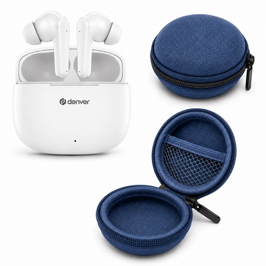 Denver – Draadloze – Witte Bluetoothu Oordopjes + Opberghoes Blauw – Earphones – Oortjes + Oplaadcase – Wireless Earbuds – Draadloos