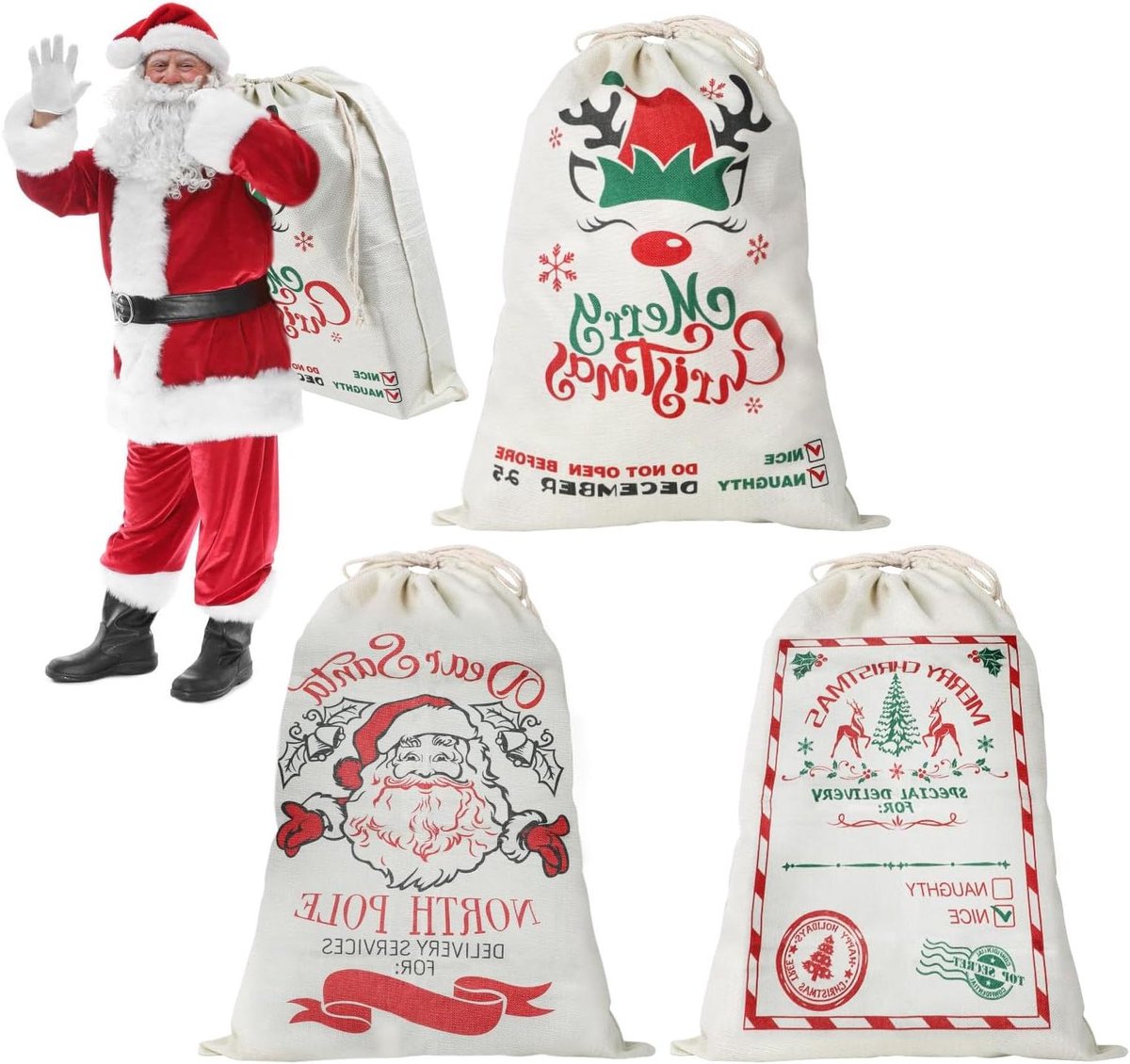 Kerstman Zakken - Jute Cadeauzakjes - Cadeaus Inpakken - Met Trekkoord - 3 Stuks - Rood