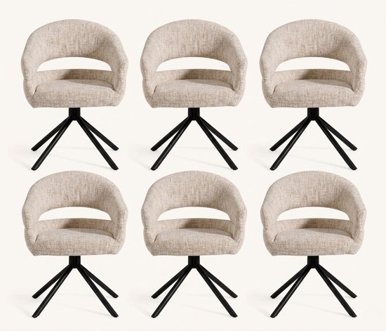 Ensemble de six chaises de salle à manger en tissu beige avec dossier ouvert et base pivotante noire.