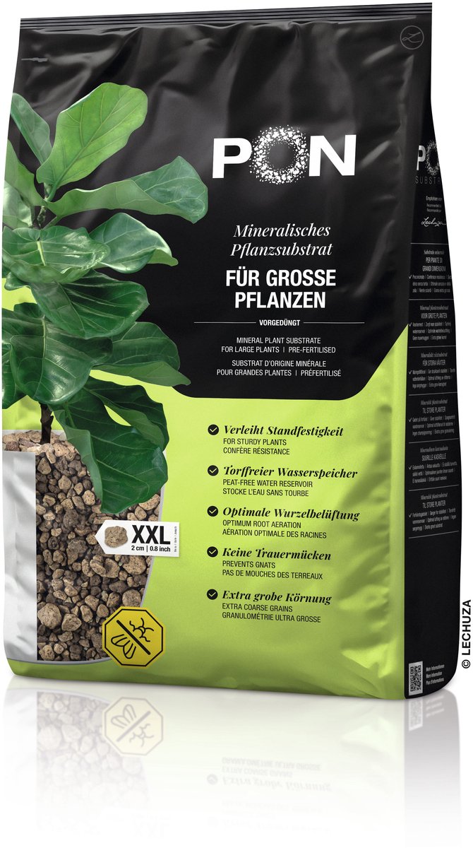 LECHUZA-PON XXL 25 liter - extra grofkorrelige, zuiver minerale plantensubstraat - groter dan standaard LECHUZA-PON - Korrelgrootte ca. 2 cm. - Voorbemest voor 6 tot 8 maanden - ALTIJD BETER DAN AARDE!