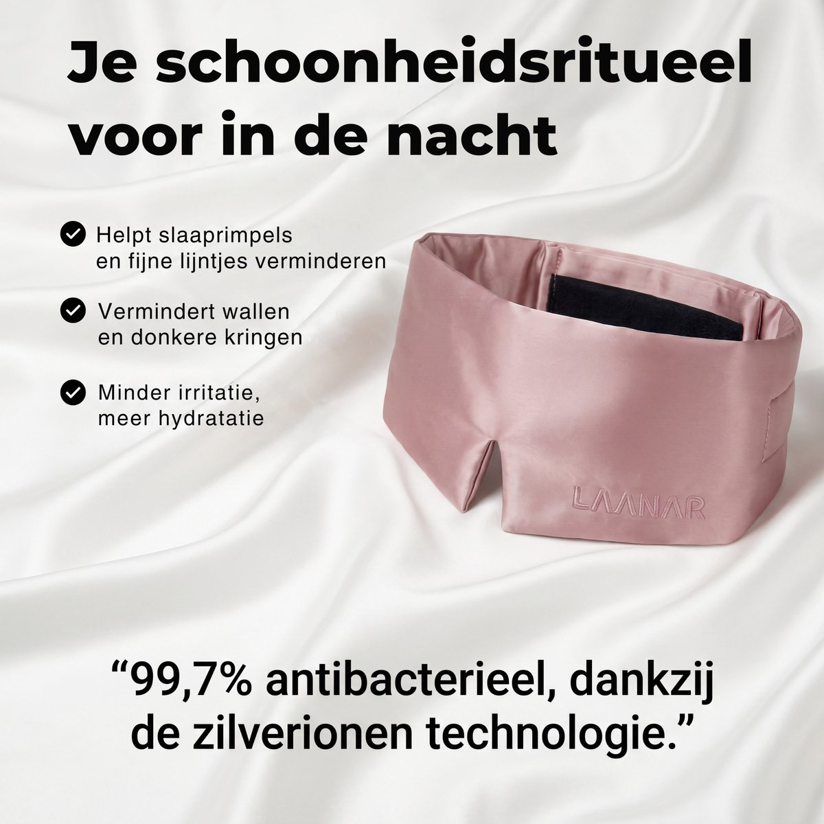 LAANAR® Zijden Slaapmasker - 6A Moerbei Zijde (Mulberry Silk, 16 Momme) - Premium Verduisterend Eye Mask - Voor Vrouwen & Mannen - Tegen Wallen & Rimpels - Roze — afbeelding 2