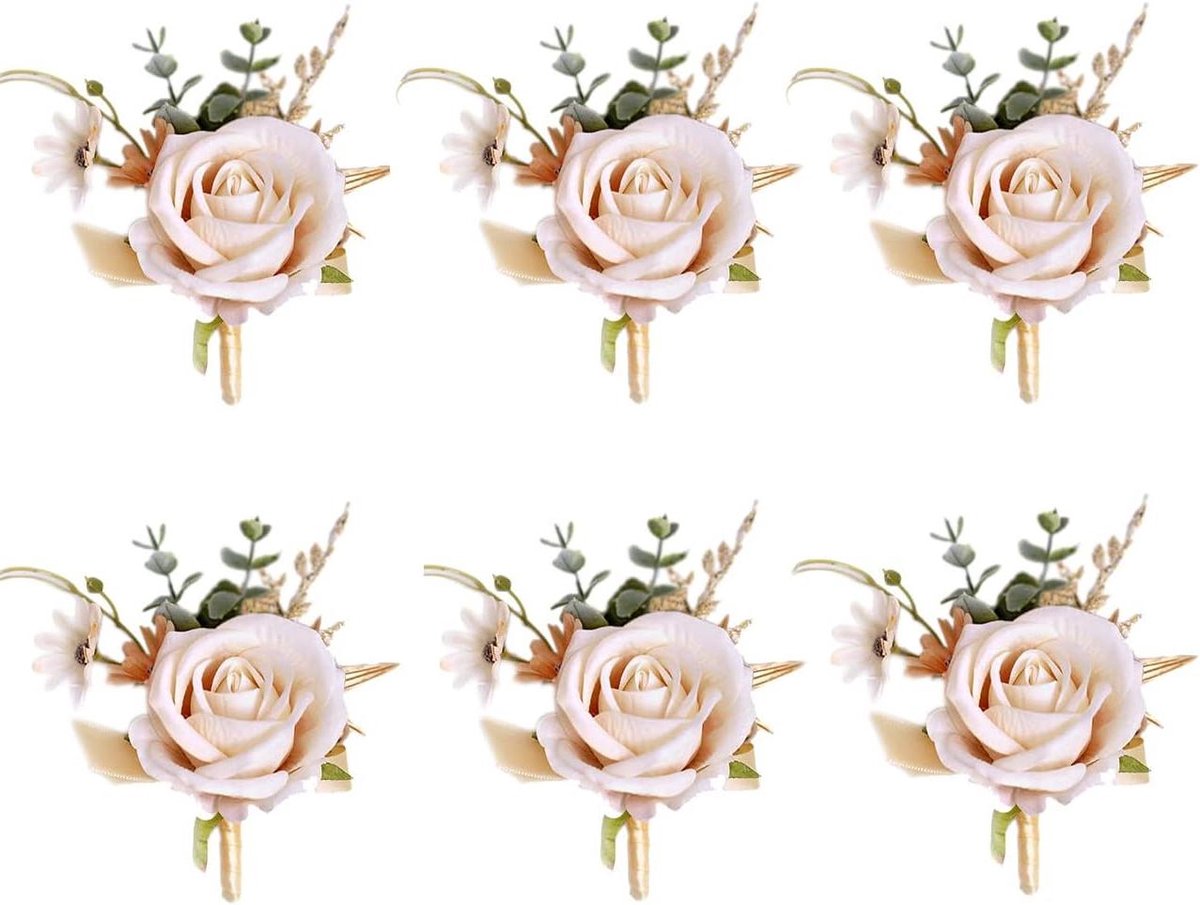 Boutonnière Set - Bruidegom Corsage - Feestelijke Decoratie - Zijden Bloemen - 6 Stuks - Champagne Goud