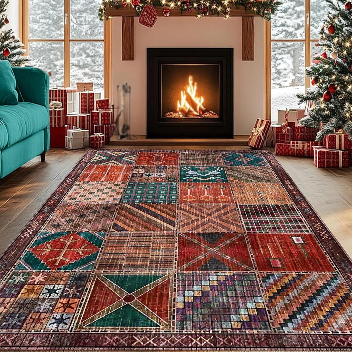 Large Rugs Living Room, Multicoloured, 160 x 200 cm, Patchwork Vintage Terracotta Red Orange Dark Green Rug for Bedroom Dining Room Decor Anti-Slip Washable Carpets