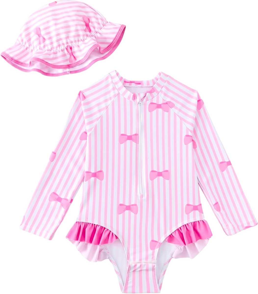 Babybadpak voor meisjes met zonnehoed, lange mouwen, UV-bescherming, comfortabele badkleding en zwempak voor de zomer