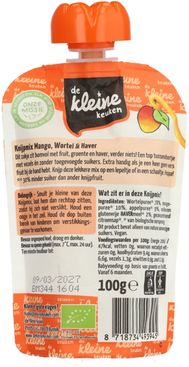 de Kleine Keuken Bio Knijpmix 6+m Mango Wortel Haver - 6 x 100 gr - Voordeelverpakking