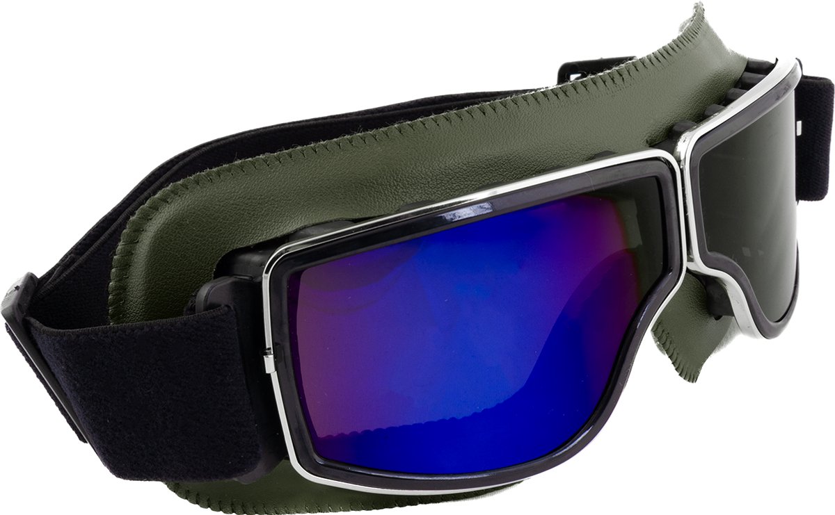 KIMU® Goggles Motorbril Skibril - Bril Groen Montuur - Blauwe Spiegelglazen - Leatherlook Pilotenbril Vintage Motor Retro Steampunk Lederen Heren Festival