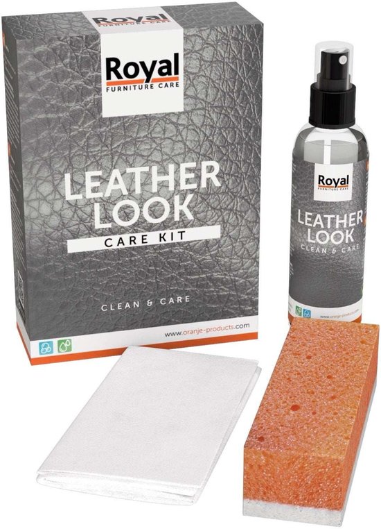 Lederlook Care Kit met een flesje spray, doekje en oranje/witte spons.