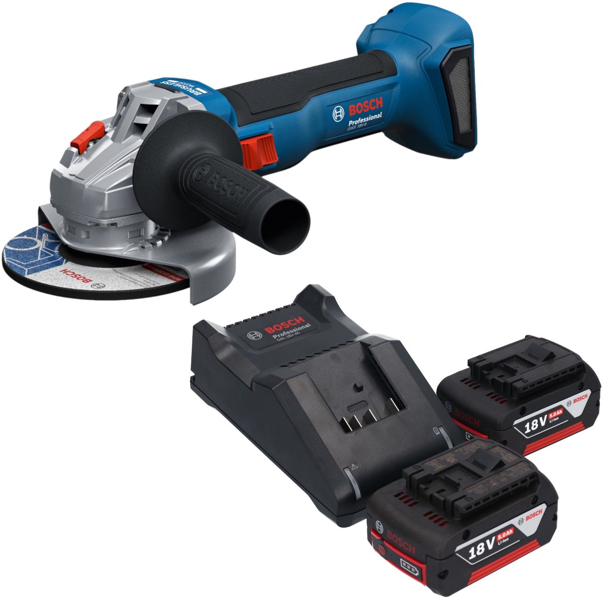 Bosch GWS 18V-8 Professional accu-haakse slijper 18 V 125 mm borstelloos + 2x accu 5,0 Ah + oplader