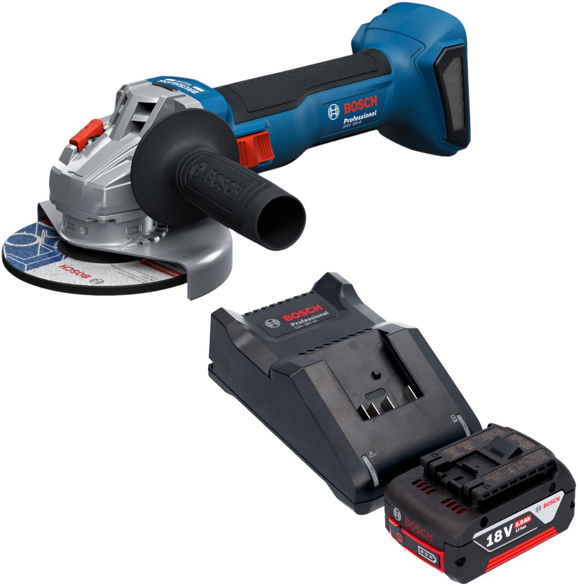 Bosch GWS 18V-8 Professional accu-haakse slijper 18 V 125 mm borstelloos + 1x accu 5,0 Ah + oplader