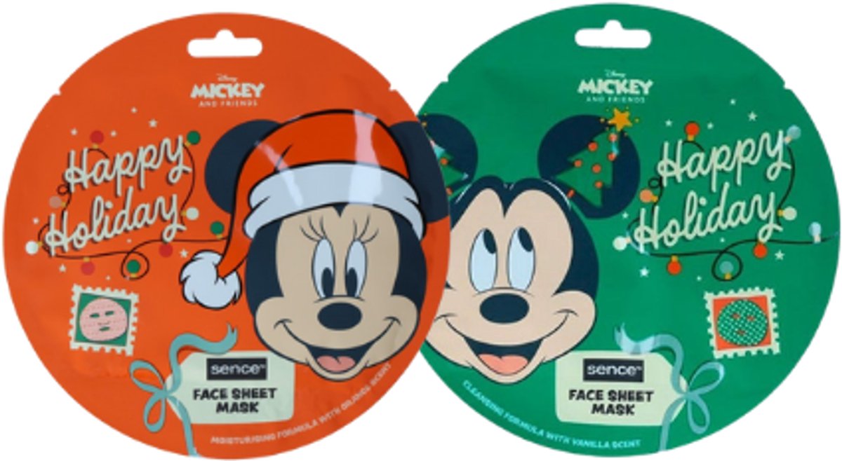 Disney's Mickey & Friends - Mickey & Minnie Gezichtsmasker - set van 2 | 2x 20 ml - Vanille & Sinaasappel - Happy holidays - Kersteditie