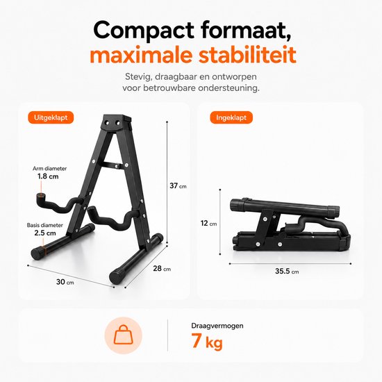 Afmetingen van de zwarte A-frame gitaarstandaard in uitgestrekte en ingeklapte toestand. Draagvermogen 7 kg.
