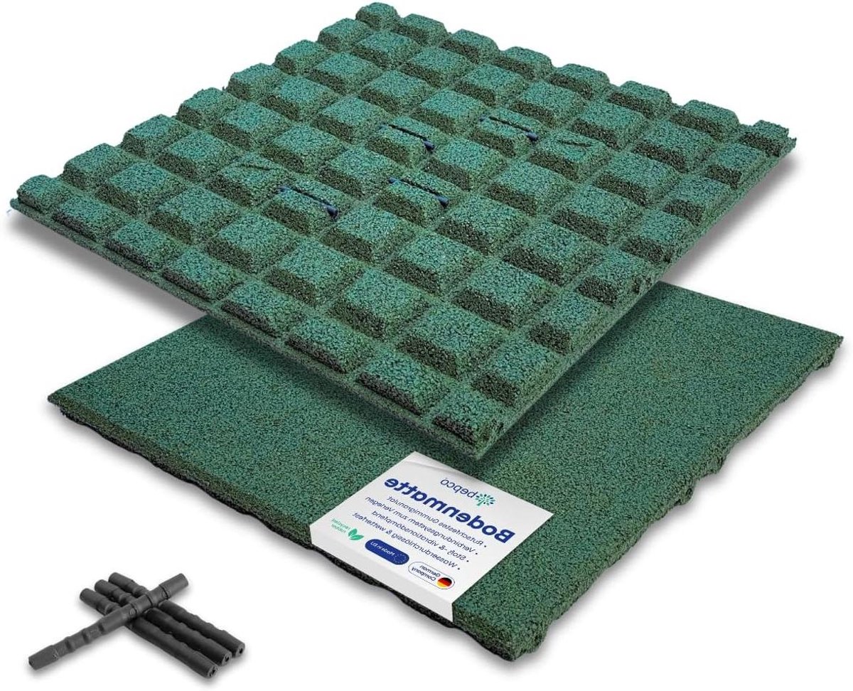 bepco Valbeschermingsmat, set van 4, rubberen mat, vloermat, schokabsorberend en antislip, met 16 verbindingspinnen, van gerecycled rubber, voor wegen/terrassen/spel en sportfaciliteiten (groen, 50 x