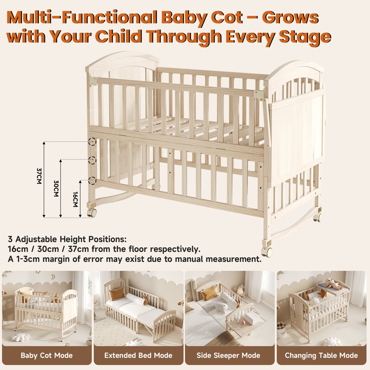 Sweiko Kinderbed - 120 x 60 x 95 cm - Massief houten Ledikant - Met verschoontafel - Inklapbaar opbergrek - Zonder matras - Naturel – foto 3