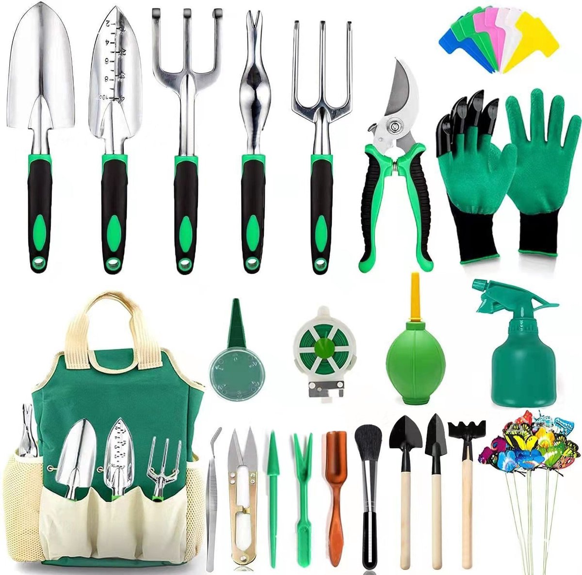 Gloovon® Tuingereedschap set - 23-delig - Roestvrij Staal RVS - Inclusief Snoeischaar & Canvas Tas - Voor Binnen & Buiten - Groen