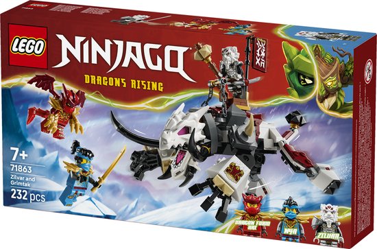 Doos LEGO NINJAGO 71863 Zilvar en Grimtak: Een witte en rode draak met ruiter, rode draak en drie NINJAGO figuren op besneeuwde achtergrond.