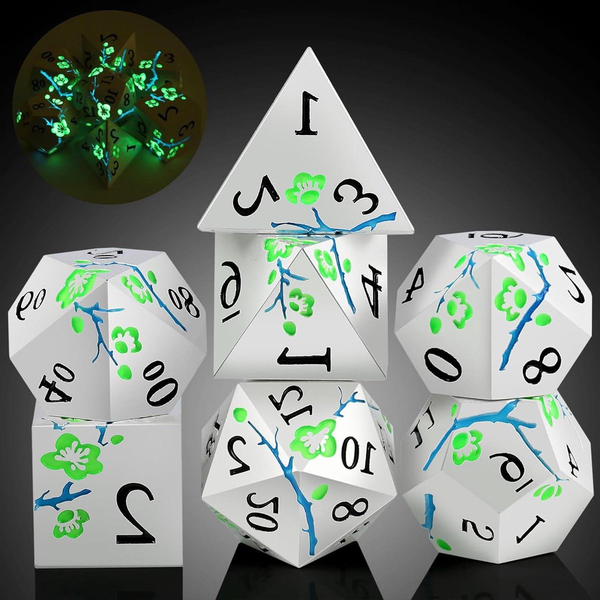 Metal Dobbelstenen Set - Veelvlaks Dobbelstenen - Rollenspellen Spelen - Gloeien in Donker - 7 Stuks - Groen Metallic