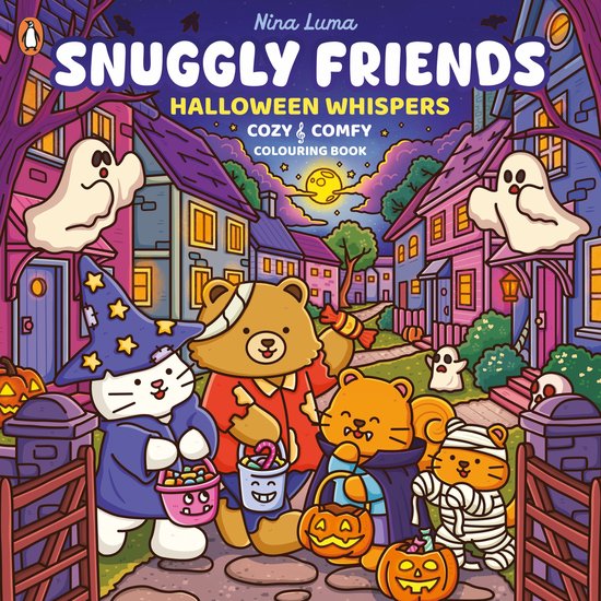 Kleurboek 'Snuggly Friends - Halloween Whispers' met kat, beer en panter in griezelige kostuums op een herfstachtige straat.