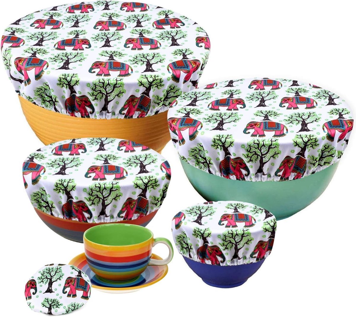 Virtubuy - Herbruikbare Voedsel Covers - Stretch Lids - Waterproof - Stof met Coating - Set van 5 - Geschikt voor Glazen Schalen - Olifant Design