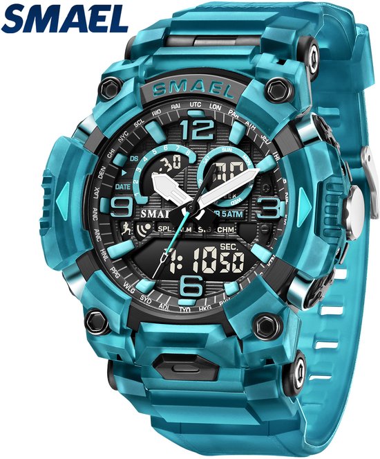 Sportief blauw Smael horloge met dubbel display, analoge en digitale wijzerplaat, datum en 5 ATM waterdichtheid.
