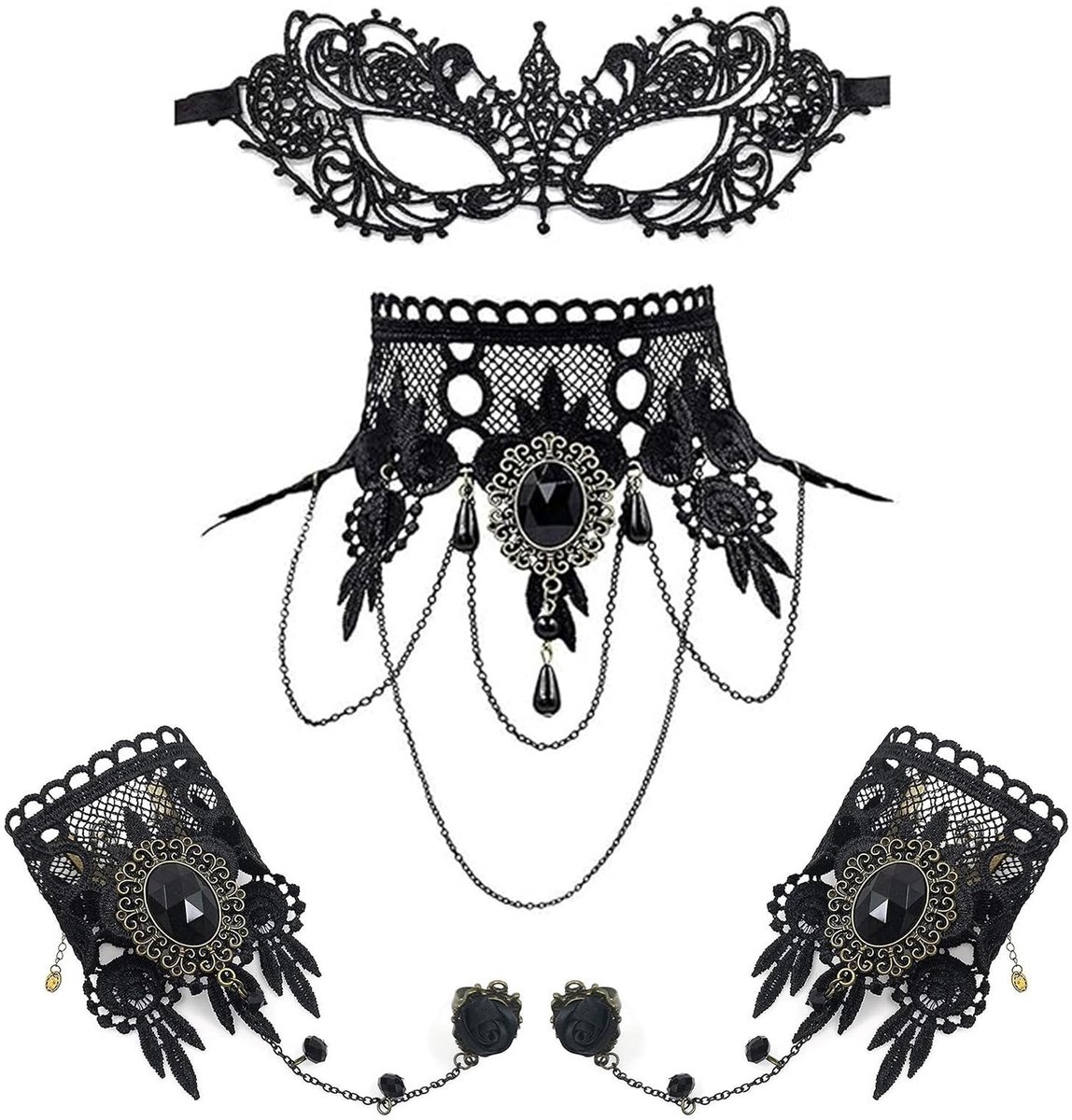 Dailygoods- Kantmasker 3-delige set - Zwarte Kant - Maskerade Accessoires - Feestmasker - Carnaval/Halloween - Lichtgewicht en Comfortabel