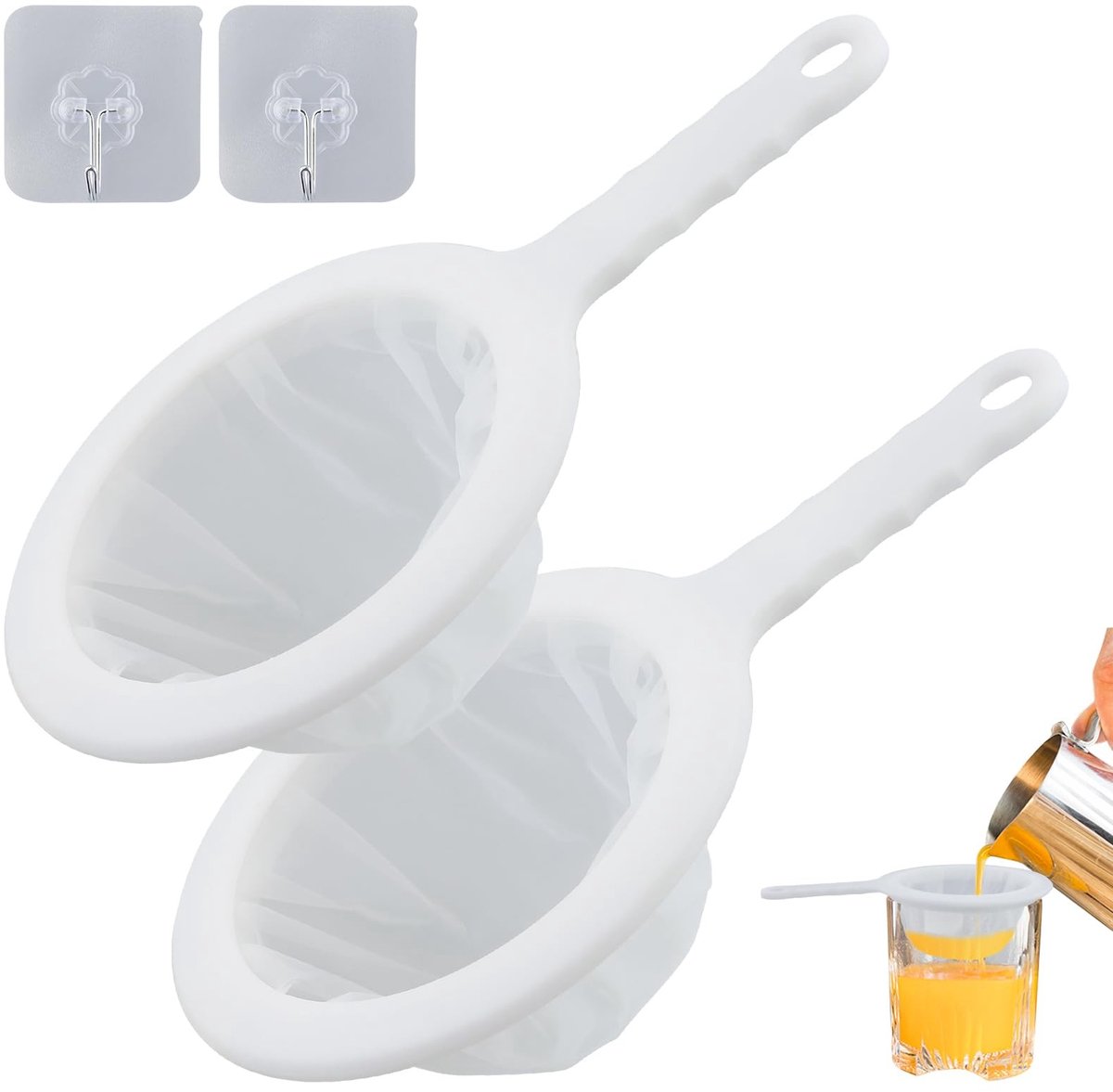 Dailygoods- Zeef Fijnmazig 200 Mesh - 2 Stuks - Handzeef - Keukenfilter - Trechterfilter - Inclusief 2 Haken - Hoogwaardig PP/Nylon - Filter
