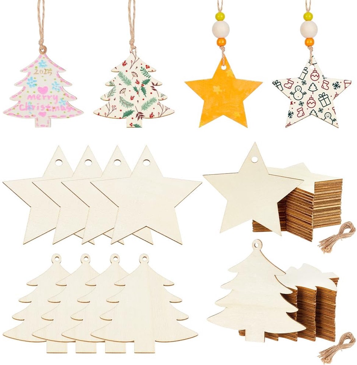 Dailygoods- Houten Sterornamenten 40 Stuks - Kerstboom Decoratie - Doe-Het-Zelf Ambachten - Hennepkoord - Feestdecoratie - Afmetingen 77,5 x 78,5 mm