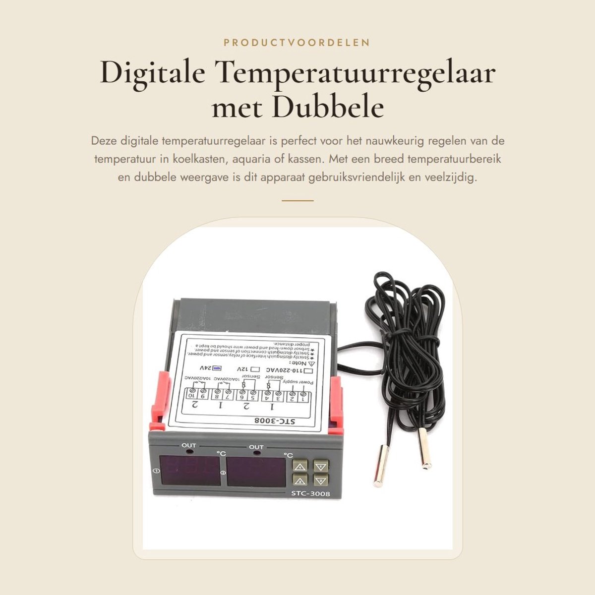 Dailygoods- Temperatuurregelaar Digitale - Thermostaat met Dubbele Sonde - Temperatuurmeter - Nauwkeurigheid ±1 °C - Voor Koelkast/Aquarium - ABS Behuizing