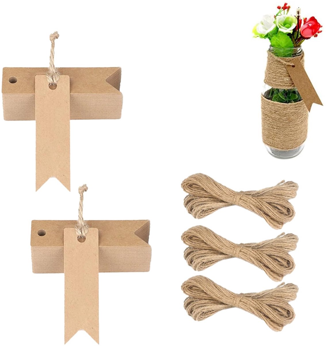 Dailygoods- Cadeaulabels 200 stuks - Kraftpapier - Mini-hangers - Jute koord - 7 x 2 cm - Premium kwaliteit - Etiketten